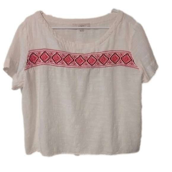 Ann TAYLOR LOFT Short Sleeve Embroidered  Front Linen Blend Boho Peasant Top XLP - Picture 1 of 4
